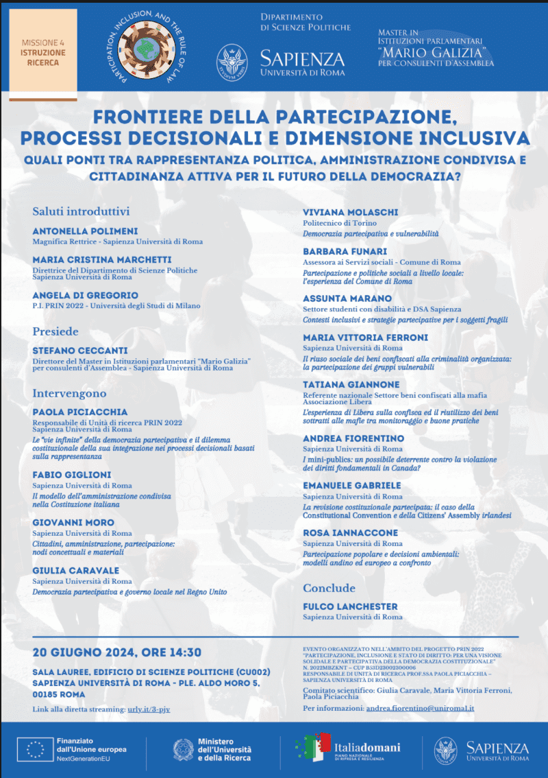 Frontiere della partecipazione, processi decisionali e dimensione inclusiva. Quali ponti tra rappresentanza politica, amministrazione condivisa e cittadinanza attiva per il futuro della democrazia?
